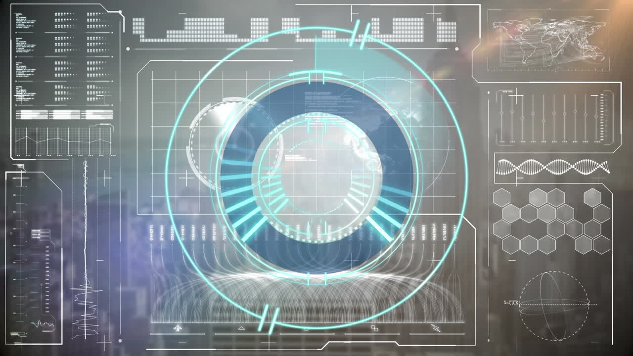 Animation of turning blue and white scope over interface with data processing