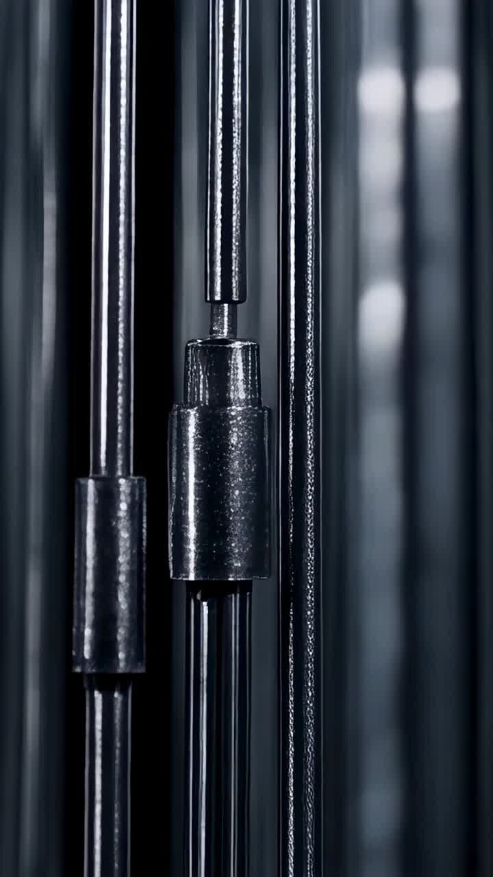 Vertical video: Pulling camera revealing rods sliding sleeves in dark studio, showing coupling