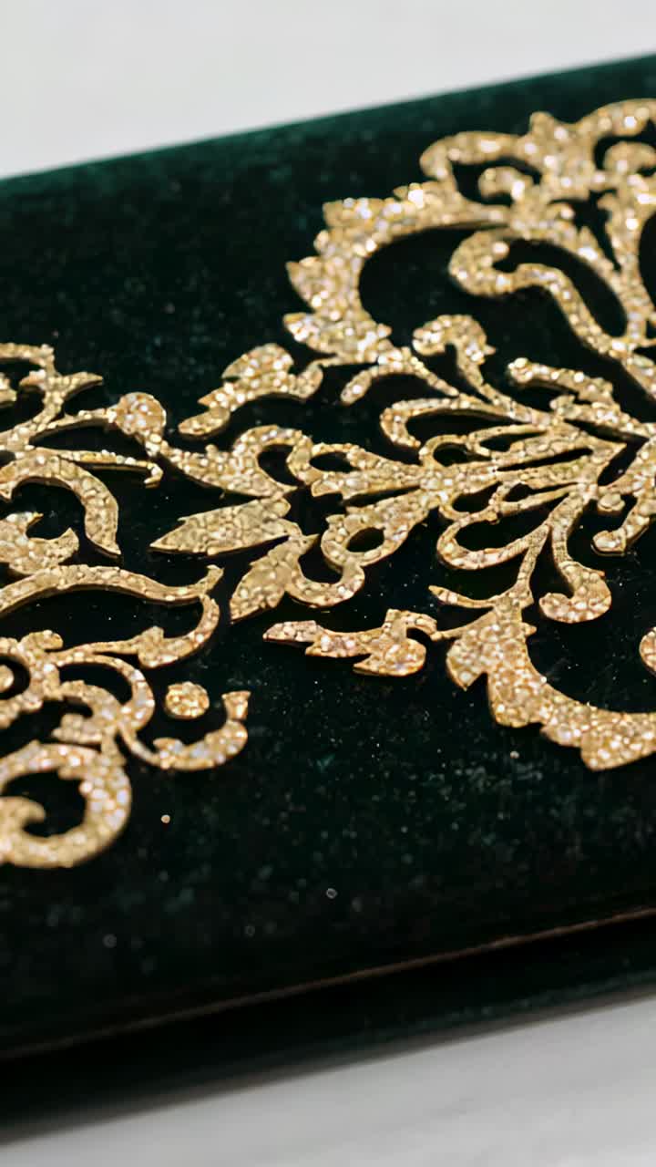 Vertical video: Panning camera revealing gold filigree on green velvet panel, lamp catching glitter