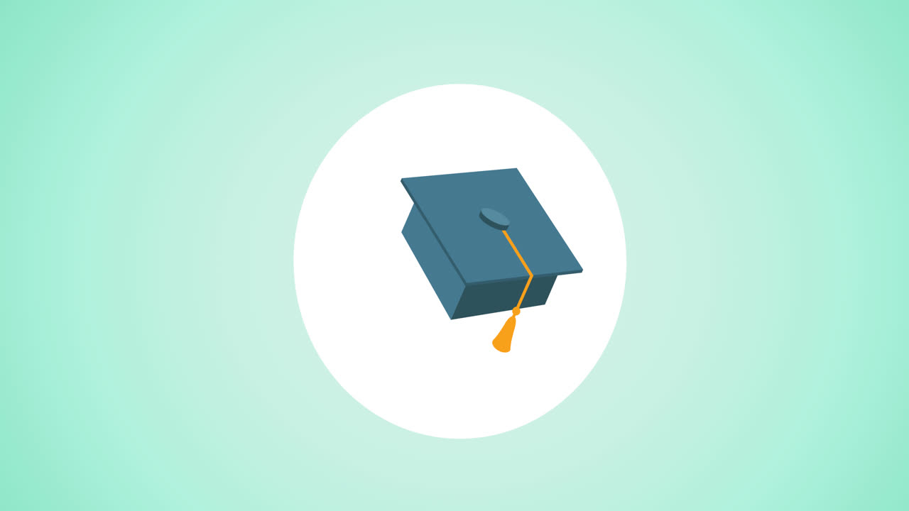 Digital animation of graduation hat icon over white circular banner against green background