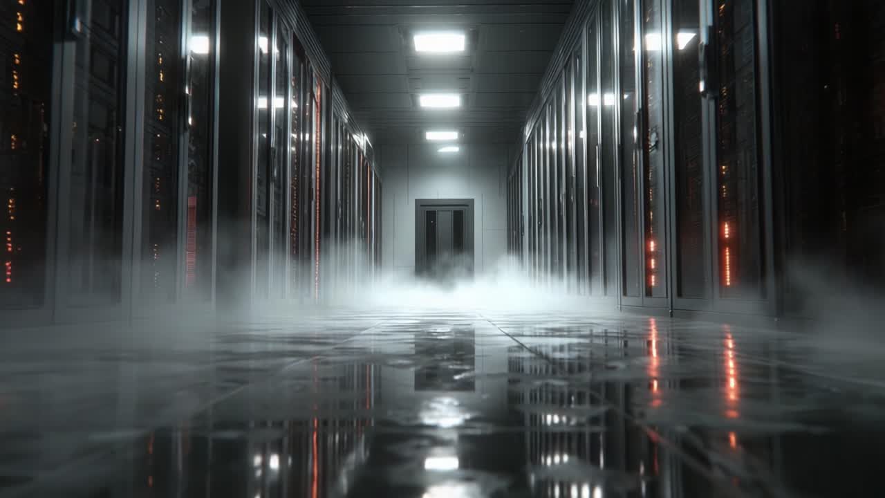 Mysterious Data Center Corridor: A Glimpse into the Depths of Technology Surrounded by Glowing Servers and Misty Atmosphere