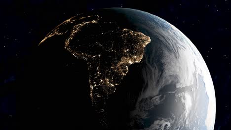 night satellite view from space over south america with glowing city lights