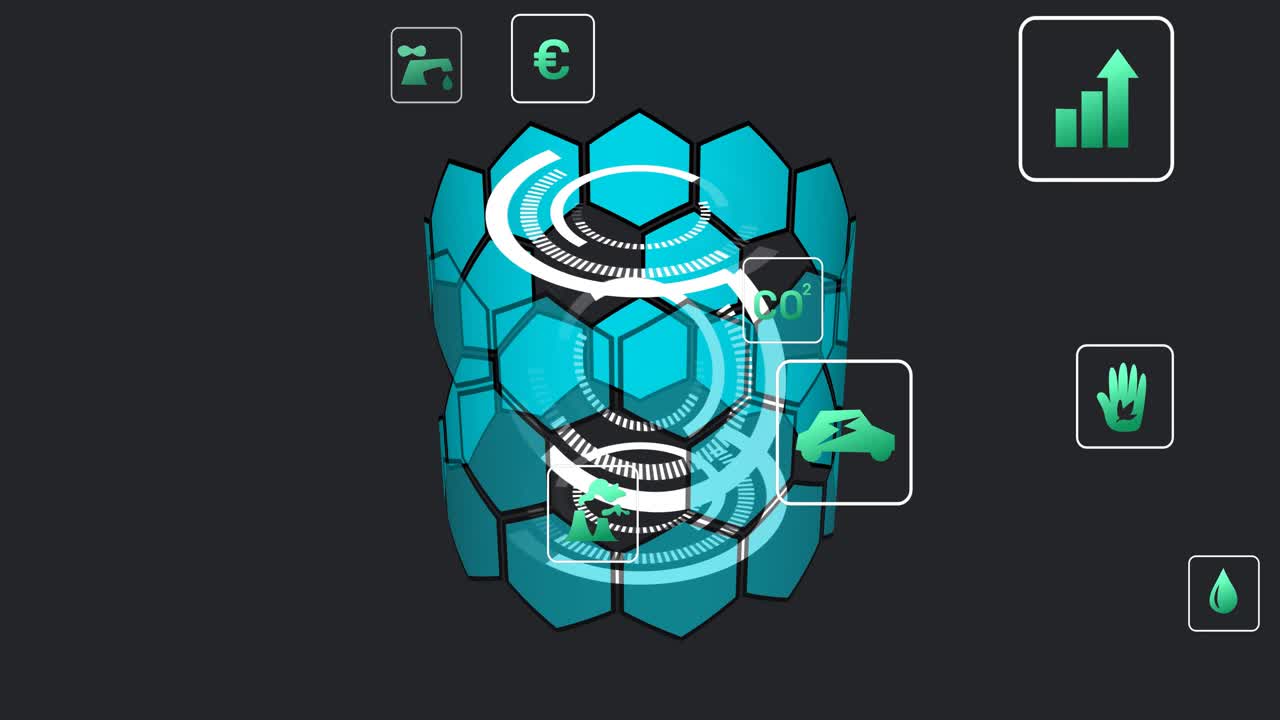 On playback start teal hex cylinder rotating, rings spiraling and icons orbiting to show metrics