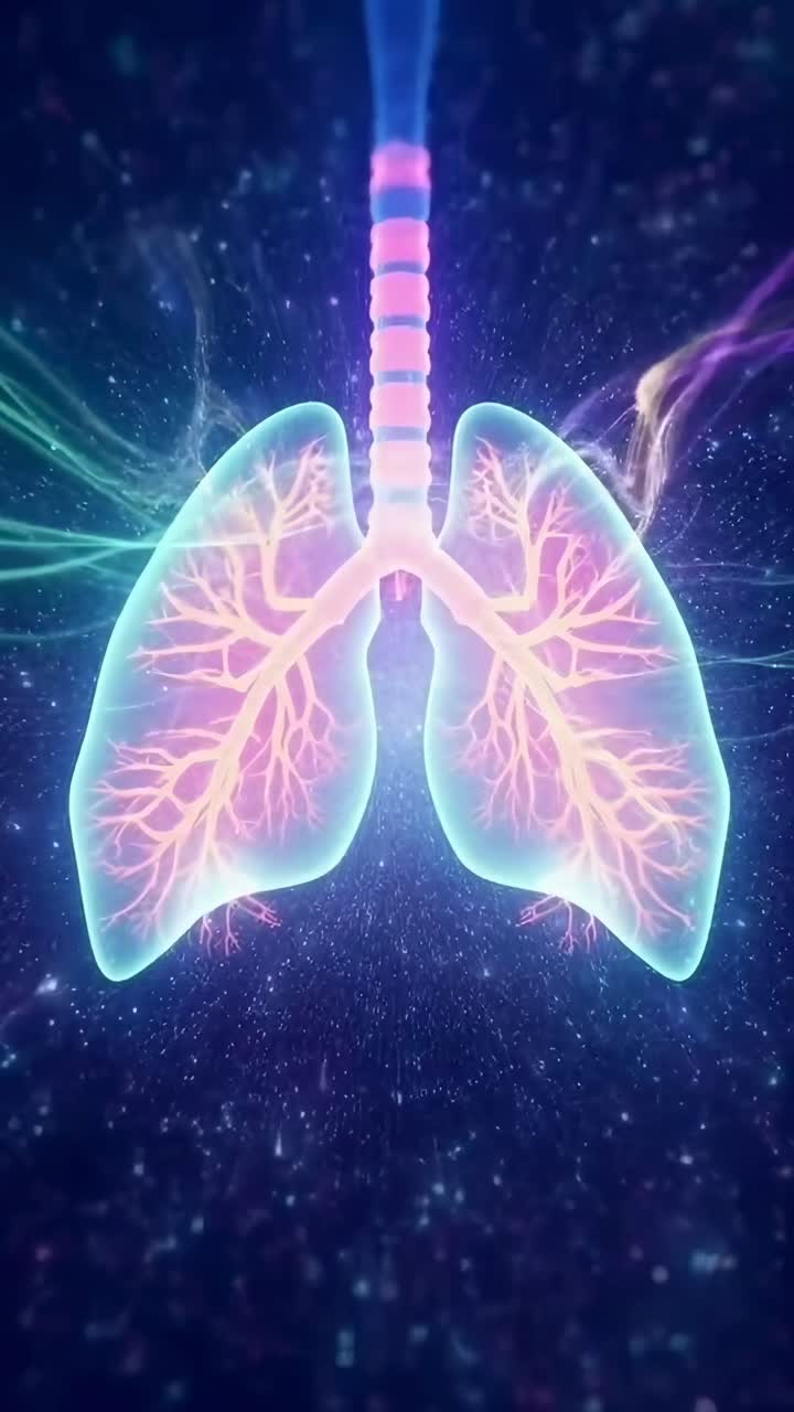 Futuristic video of glowing lungs in a cosmic setting, captured from a front angle