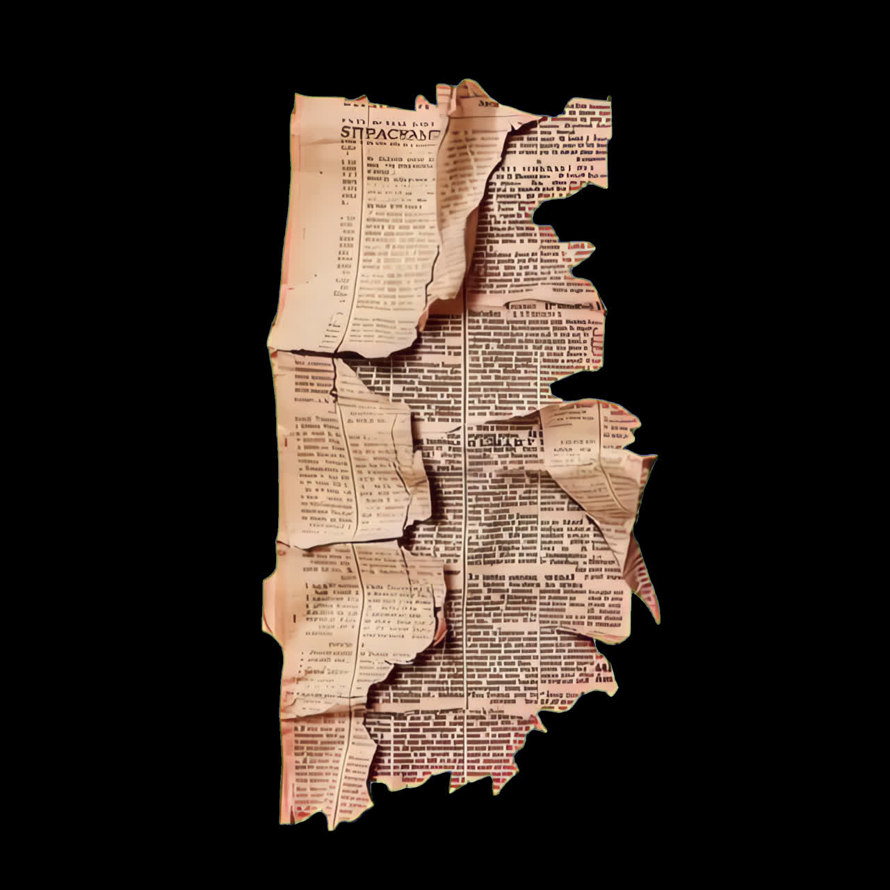 Vintage torn newspaper texture animation isolated asset, transparent 4K video, alpha channel, ProRes