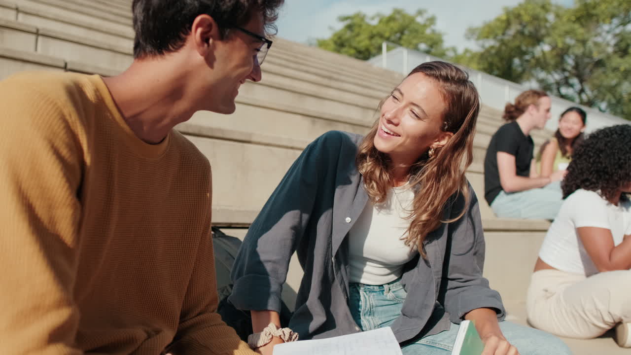 Students discuss their studies, prepare for class. A cheerful young student