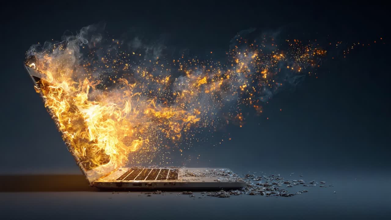 Un laptop si trasforma attraverso la distruzione, raffigurata prima con fiamme e scintille che eruttano, seguita da un'immagine dei resti carbonizzati, illustrando una potente narrazione visiva di perdita e decadimento
