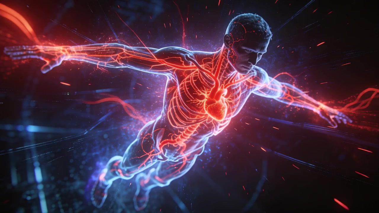 Modello maschile che scivola inclinato in avanti nel vuoto, con un cuore pulsante ed emettendo scie rosse per una dimostrazione medica.