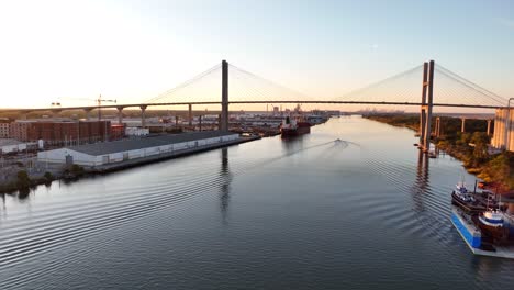 Aerial-establishing-shot-of-Savannah-River-in-Georgia