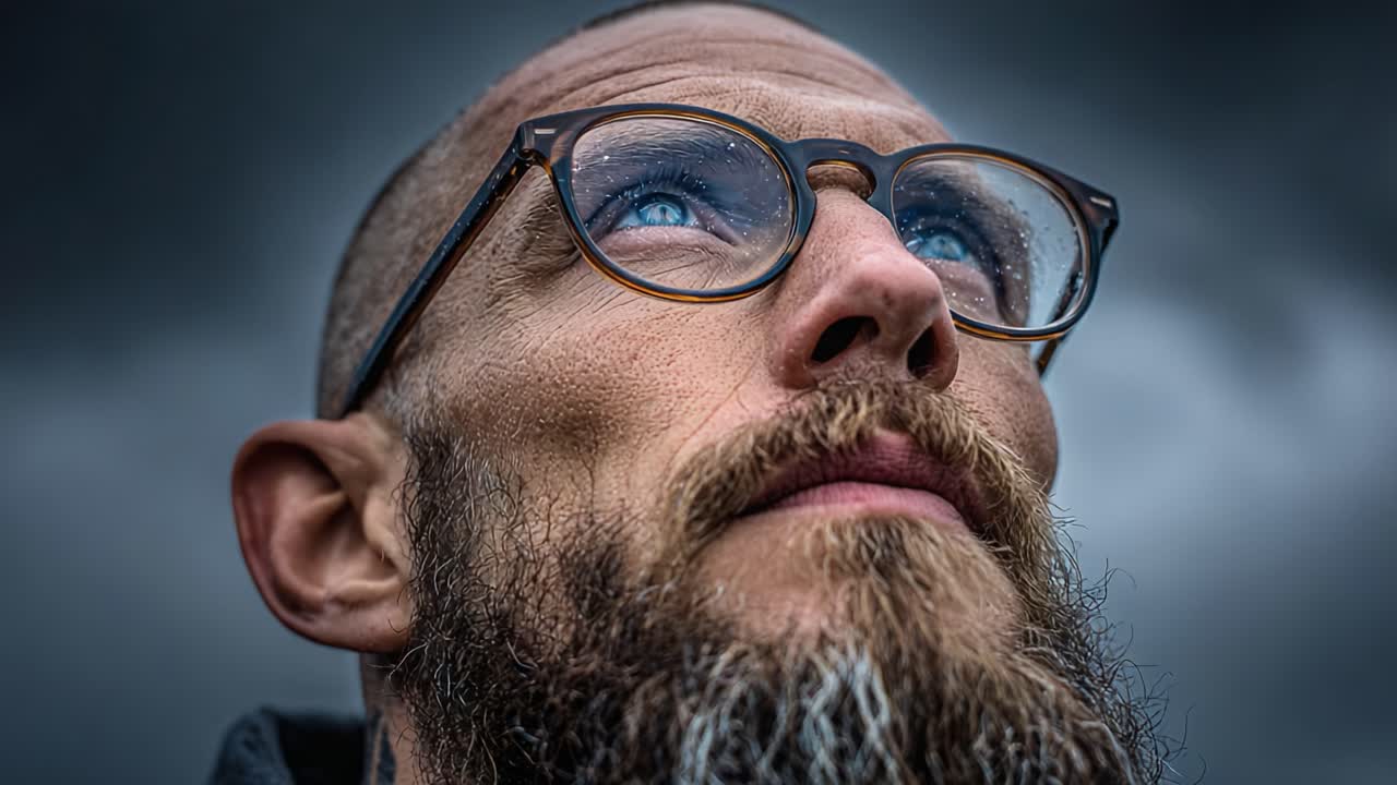 A Thoughtful Man Gazes Upward Against a Dramatic Sky, Capturing the Essence of Contemplation and Inner Reflection Through His Intense Expression and Unique Style