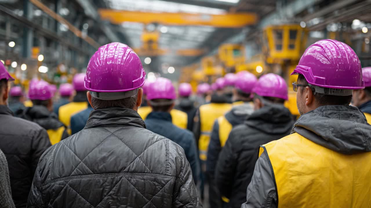 Workers in Safety Gear: Collective Mobilization at the Construction Site with Pink Hard Hats and High-Visibility Vests Under Industrial Structures