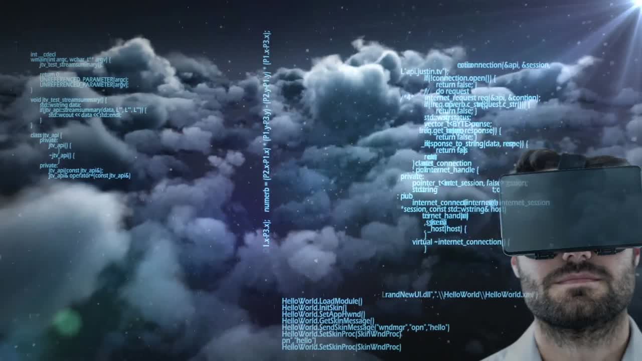 animación del procesamiento de datos sobre el hombre que usa auriculares vr en el cielo con nubes