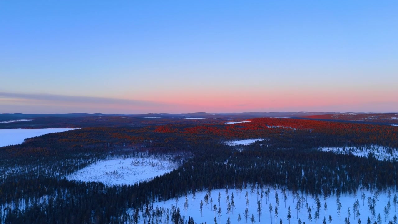 Snødekt barskog i polart tussmørke, Lappland, Finland. Vid forhøyet utsikt over rødt opplyste bartrær, frosne innsjøer og rosa gradientsky som falmer til blått over fjerne fjell.