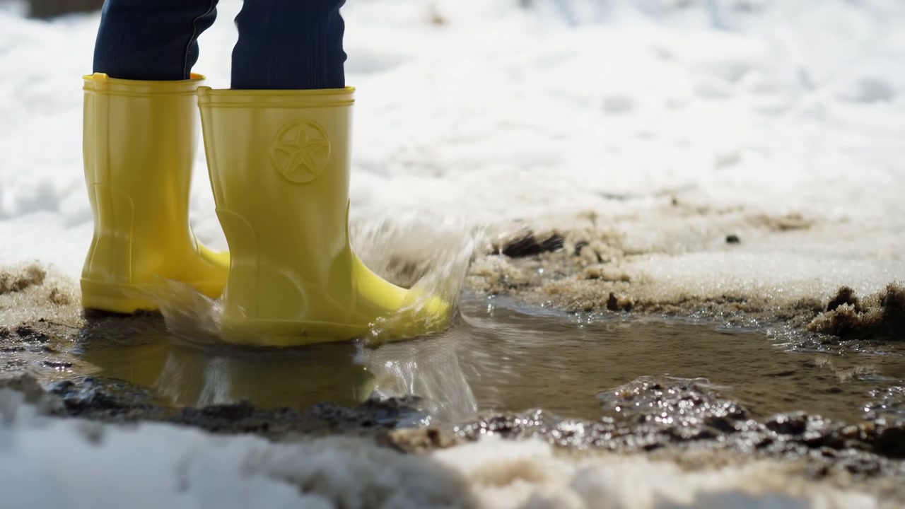 Close view of lower legs in yellow rubber boots walking through thawing snow and muddy water, with one boot lifting mid-step as reflections shimmer across the shallow puddle.