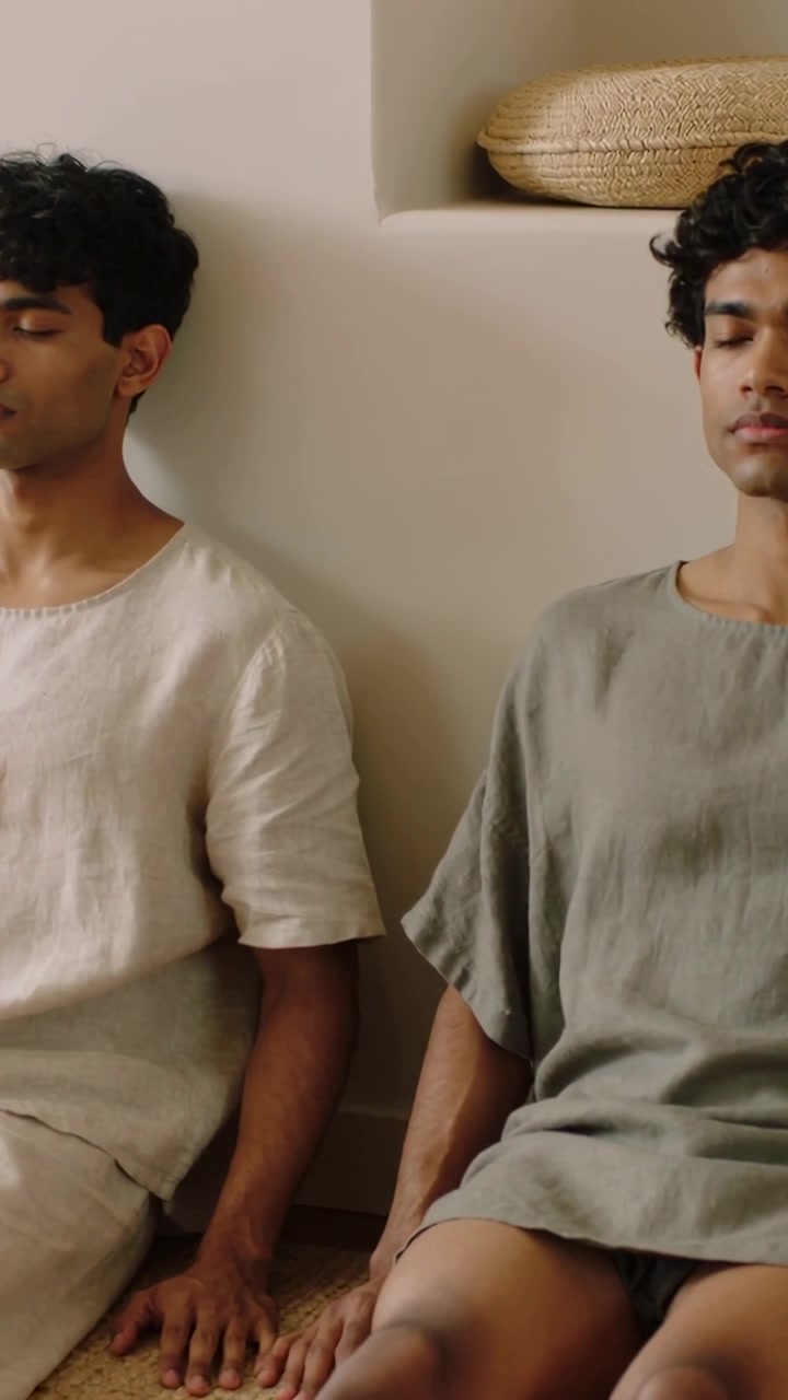 Vertical video: Starting two Indian men resting eyes closed in room on mat with cushion in linen