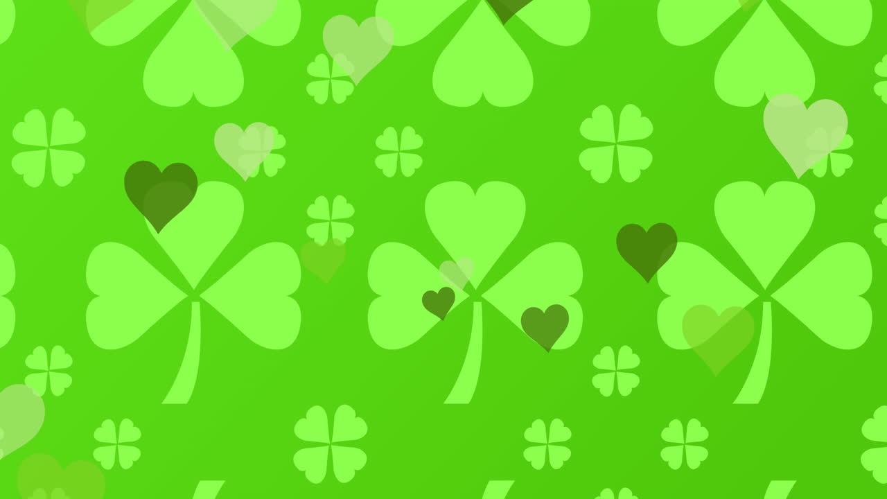 Animazione di trifoglio e cuori verdi di San Patrizio su sfondo verde