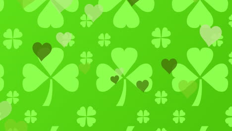 animación del día de san patricio trébol y corazones verdes sobre fondo verde.