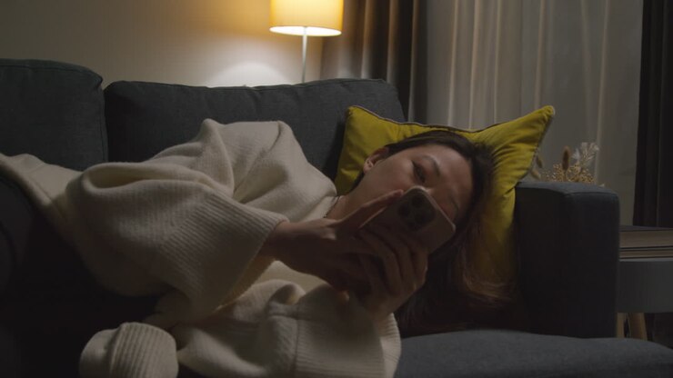 Woman Spending Evening At Home Lying On Sofa With Mobile Phone Scrolling Through Internet Or Social Media 6