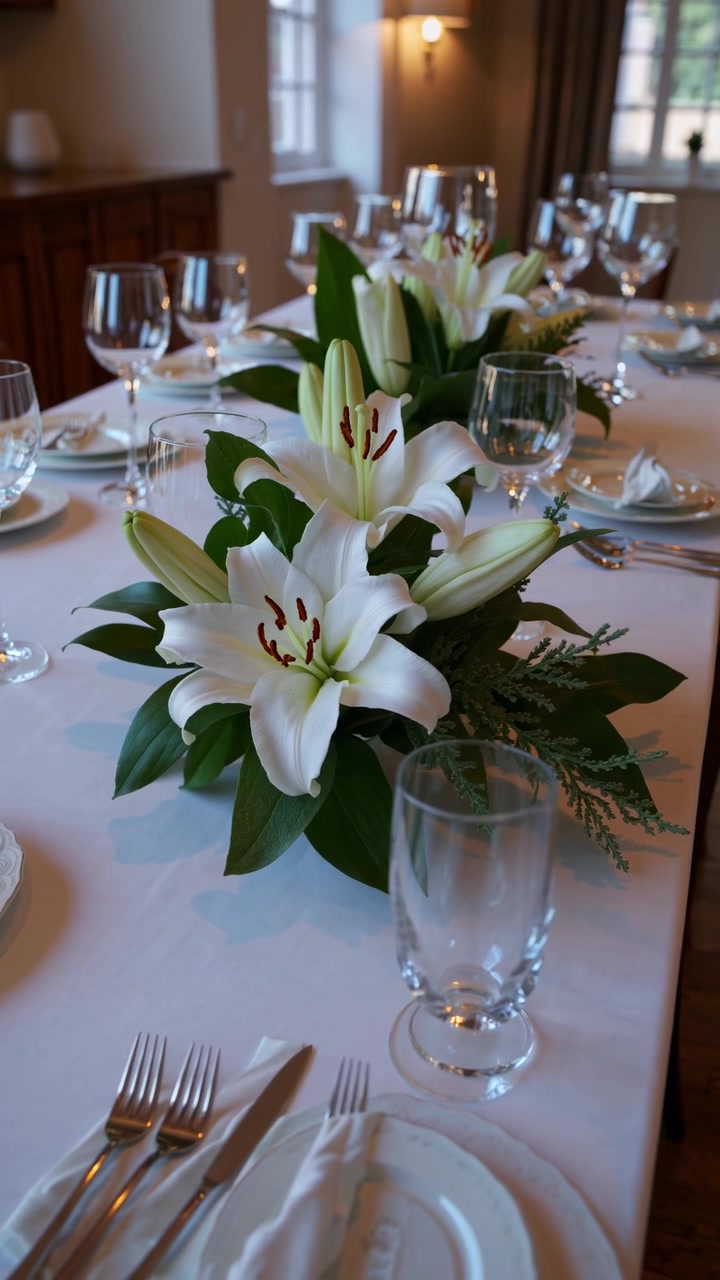 Elegant Dining Table Set for a Formal Event with White Lily Centerpieces