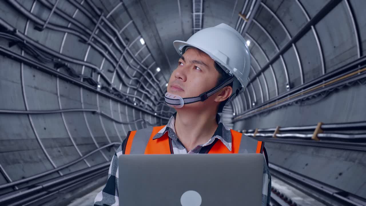 Close Up Of Asian Male Engineer With Safety Helmet Working On A Laptop And Looking Around While Standing In Underground Subway Tunnel