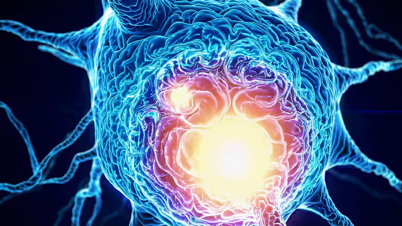 Close-up video still of a neuron, showcasing glowing synapses