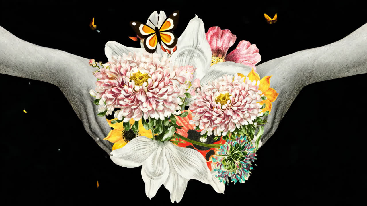 Flowers in hands animated overlay, transparent 4K video, alpha channel, ProRes 4444