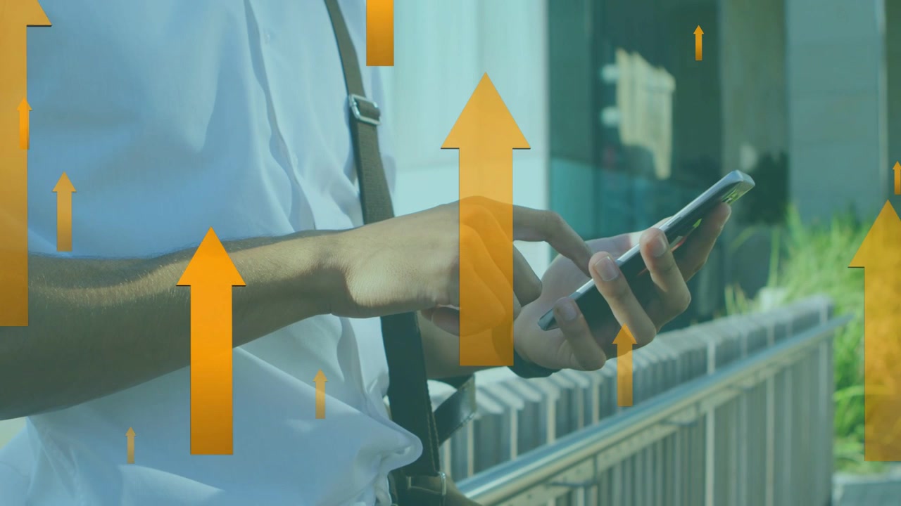 Man tapping phone near railing, initiating animated orange arrows showing business growth analytics