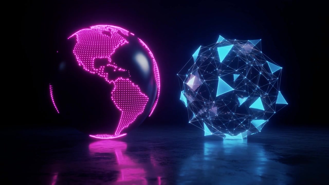Glowing Digital Earth and Geometric Sphere in Dark Space