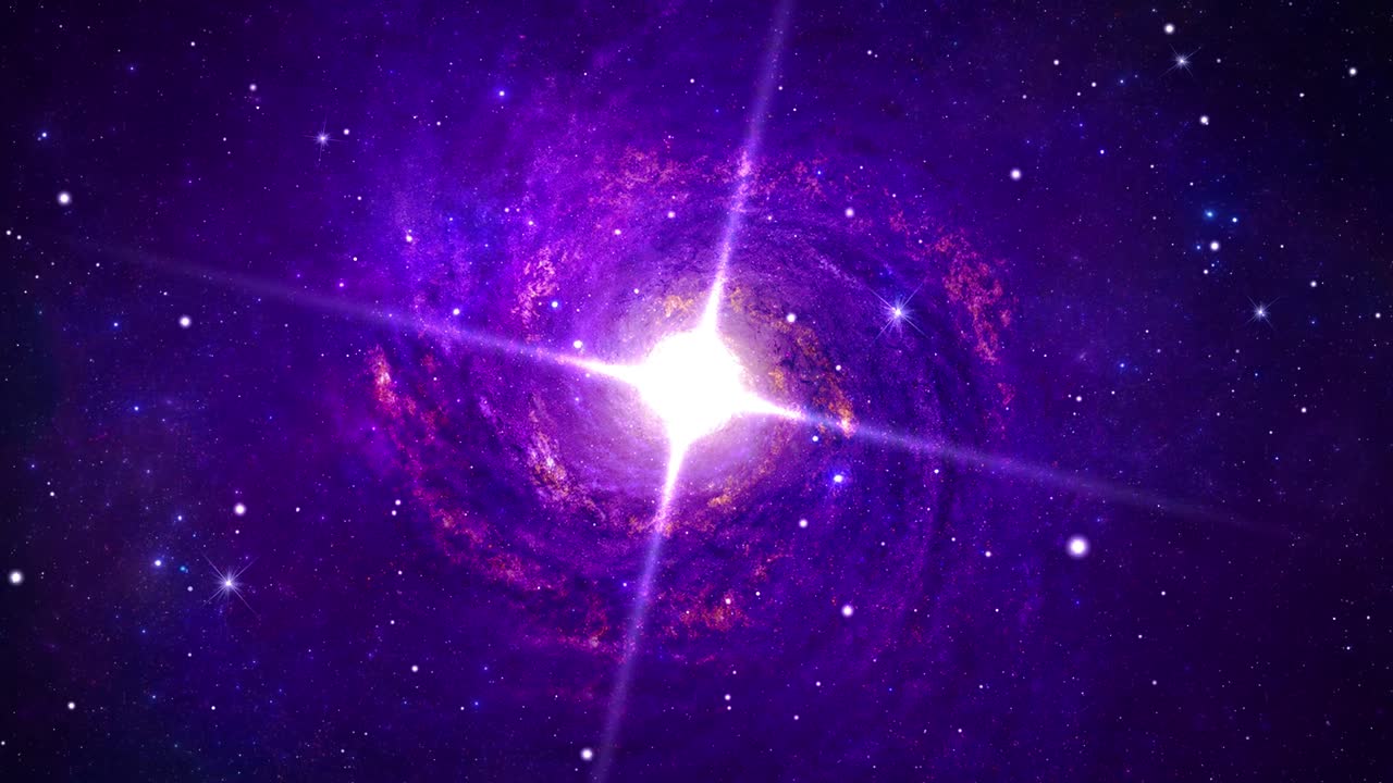 Seamless loop space flight into star field of Carina Nebula galaxy with center glowing and rotating star.