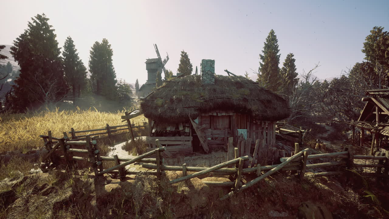 Cottage rustico con tetto di paglia circondato dalla natura in un paesaggio tranquillo.
