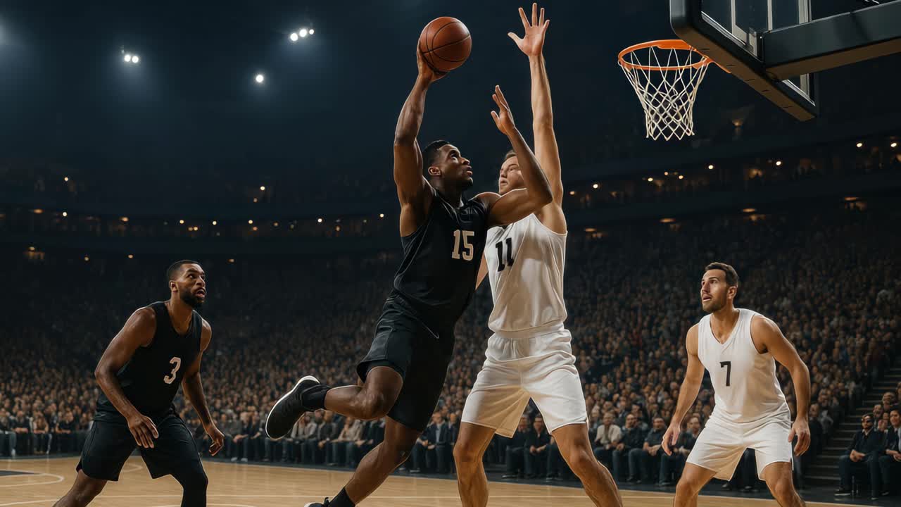 Dynamic low-angle shot of a basketball game, capturing intense action and energy, ideal for a sports