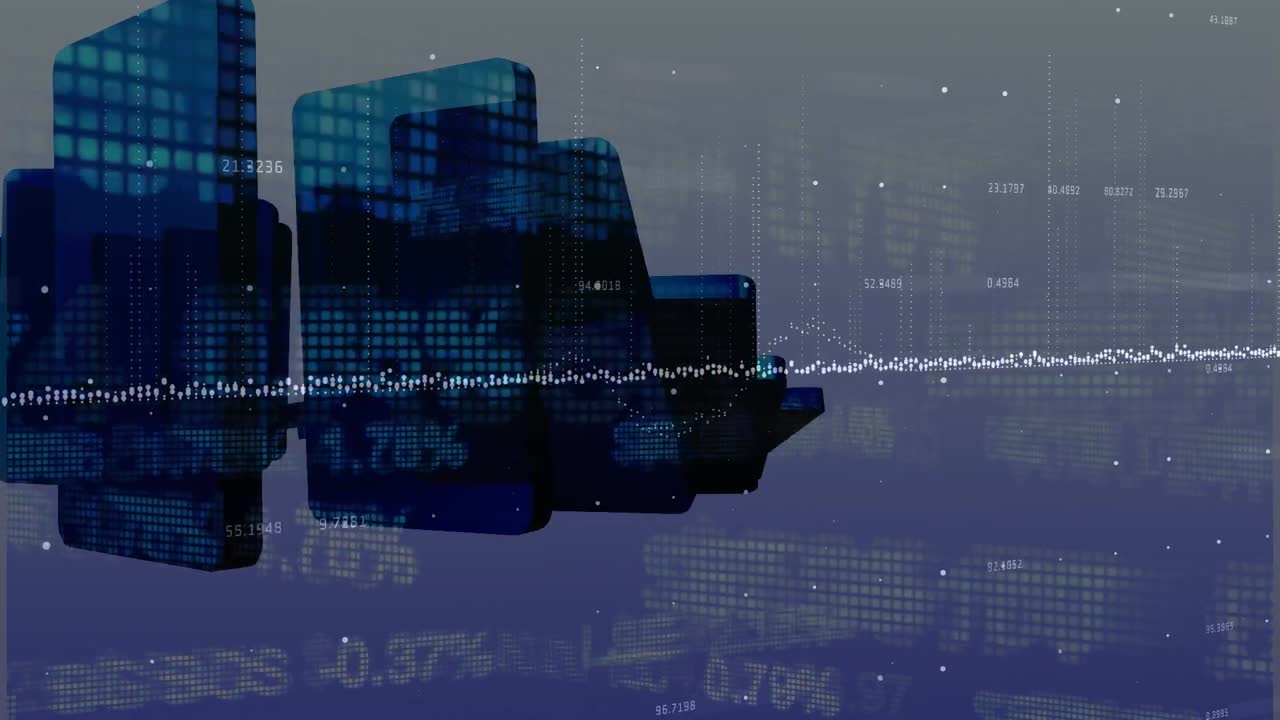 Animazione di elaborazione di dati finanziari su tessere del domino che cadono