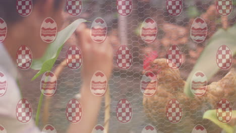 animación del patrón de huevo sobre un niño asiático y un pollo