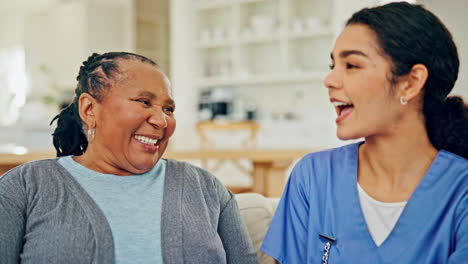 Senior-care,-old-woman-and-caregiver-on-sofa