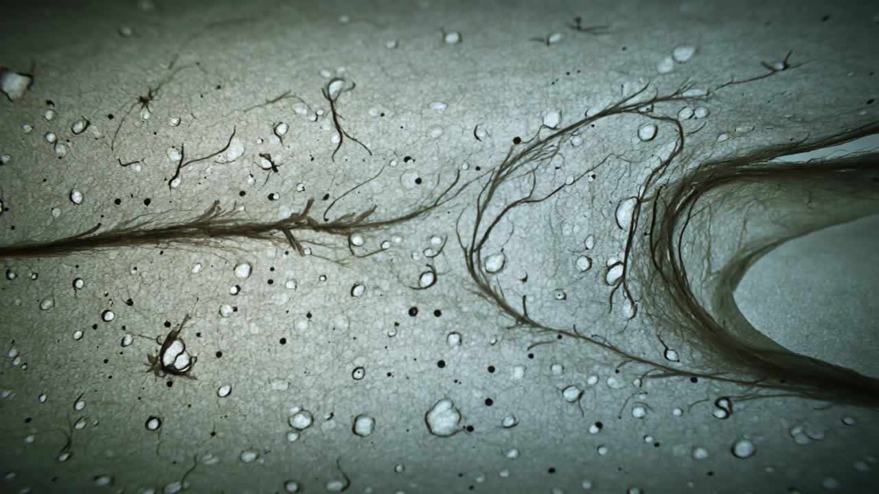 Shifting scope focus revealing hair strands with loop on skin, showing split ends, droplets