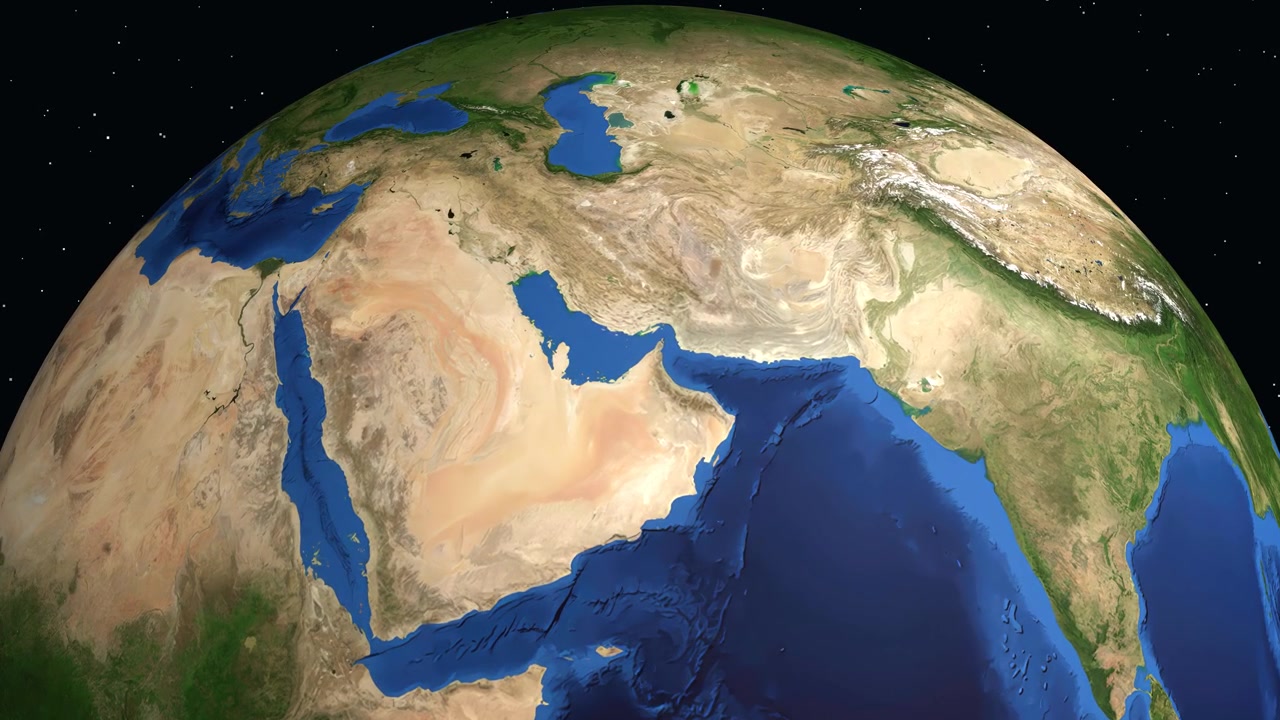Dijital bir küre dönüyor ve Dubai'ye yakınlaşarak konum işaretçilerini ve nüfus istatistiklerini gösteriyor.