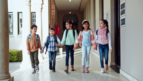 children laugh, school and holding hands