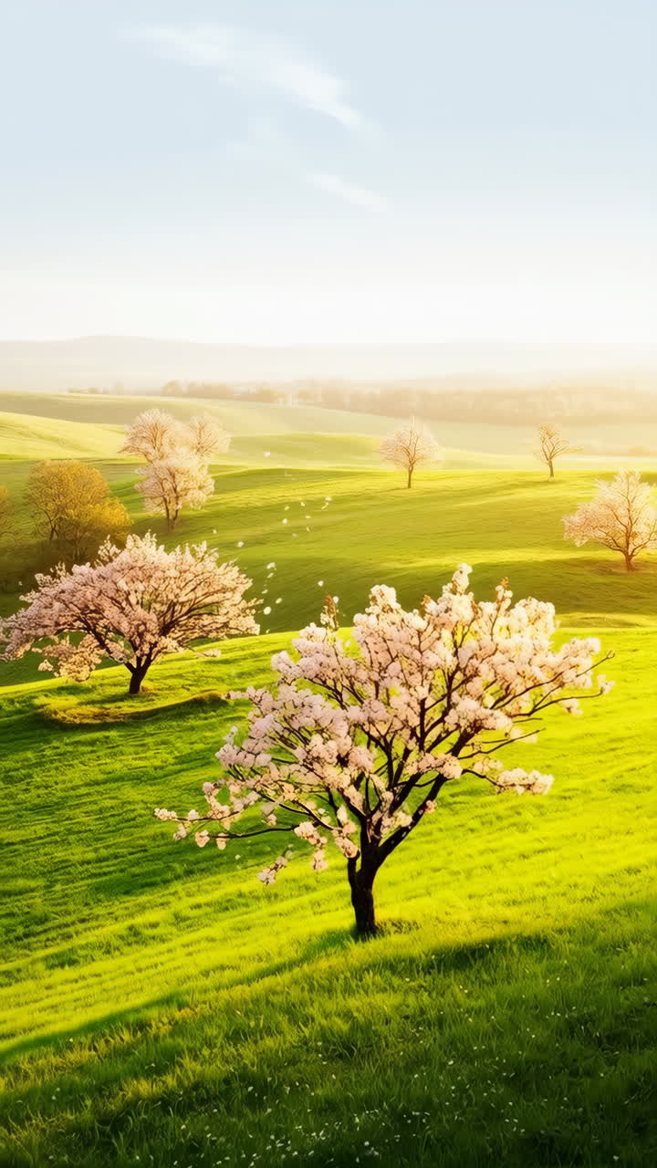 Sunlit Spring Landscape with Blooming Cherry Trees