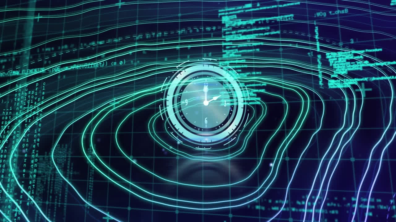 Animation of digital clock over spiral pattern against computer language in background