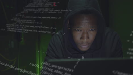 animation of data processing over african american male hacker in server room