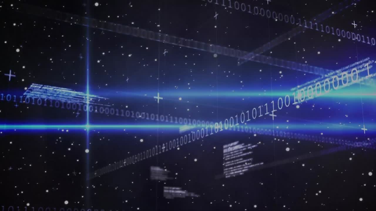 Animation of purple shooting star over data processing and blue light trails on black background