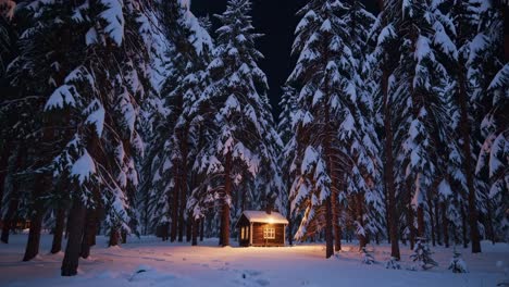 cozy cabin in a snowy forest at night