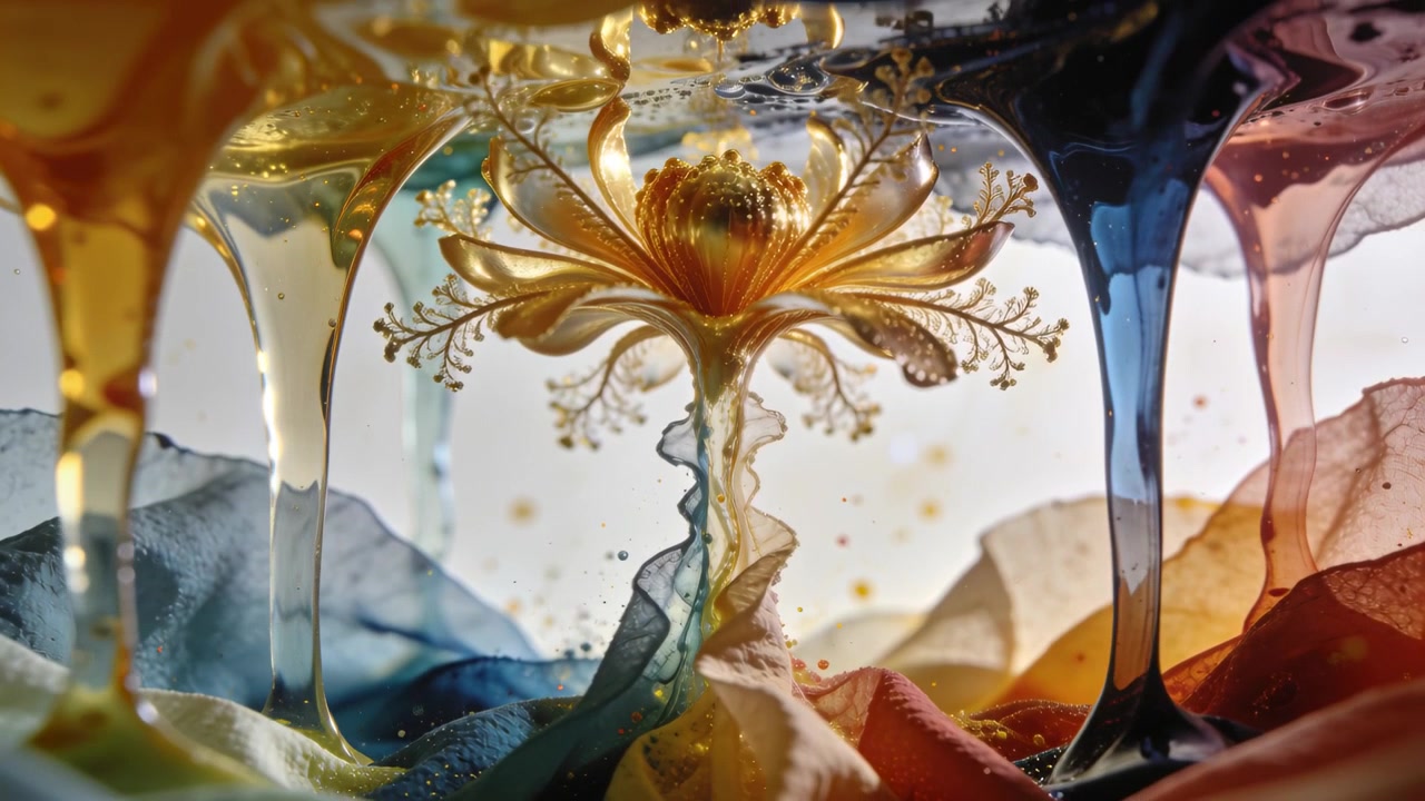 Gravity pulling thick drips down toward golden flower in studio, petals opening and catching light