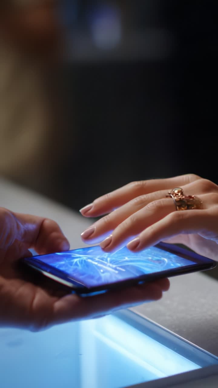 Intimate Digital Connection: A Moment of Interaction Between Two Hands Reaching for a Touchscreen Device with Engaging Visuals in a Modern Setting
