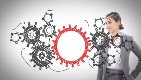 Business-woman-creating-mind-gear-on-white-background