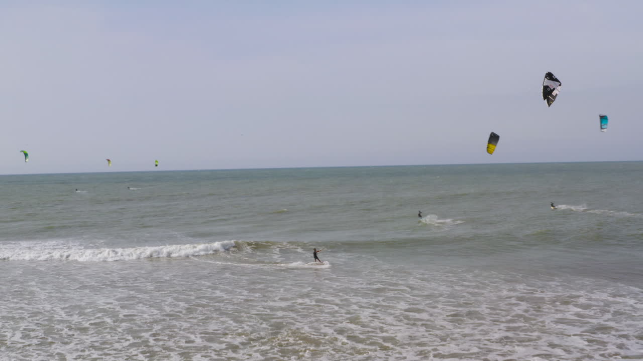 Aerial view of beaches and kite surfing in Mancora Peru, drone.