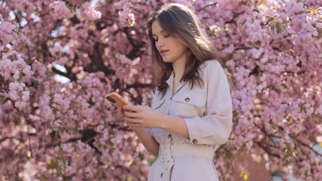 woman using phone under cherry blossoms