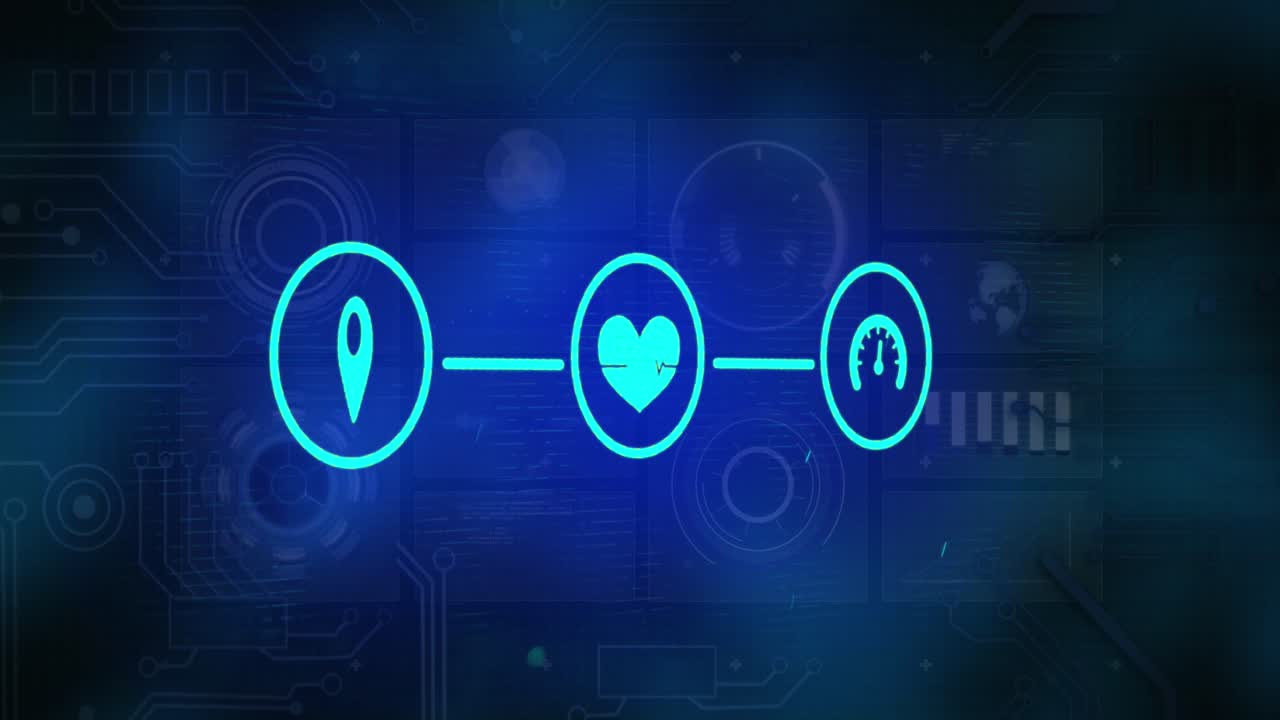 디지털 아이콘 네트워크, 라이트 스, 둥근 스캐너 및 마이크로 프로세서 연결의 애니메이션