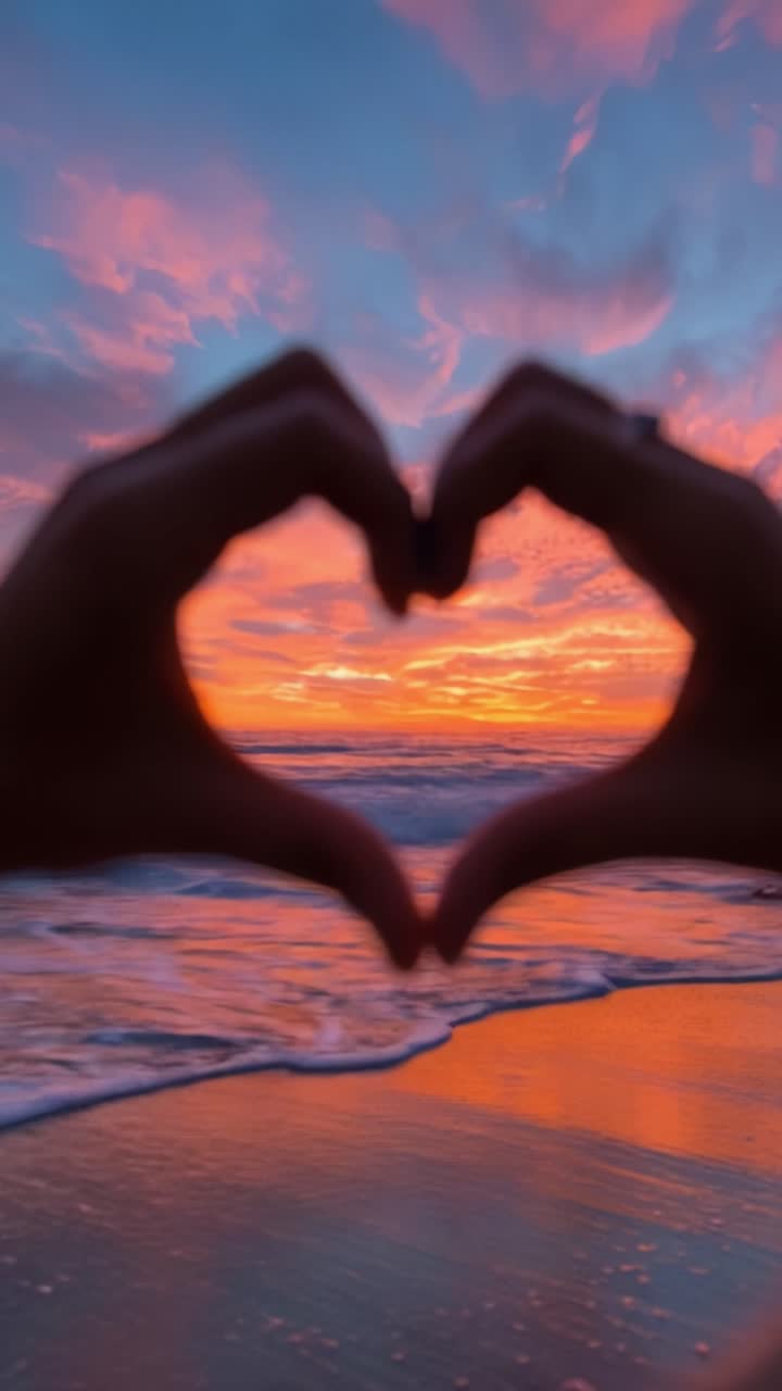 Un Tramonto Incantevole sull'Oceano Incorniciato da Mani a Forma di Cuore, Creando una Scena Romantica e Serena tra Riflessi Colorati del Cielo