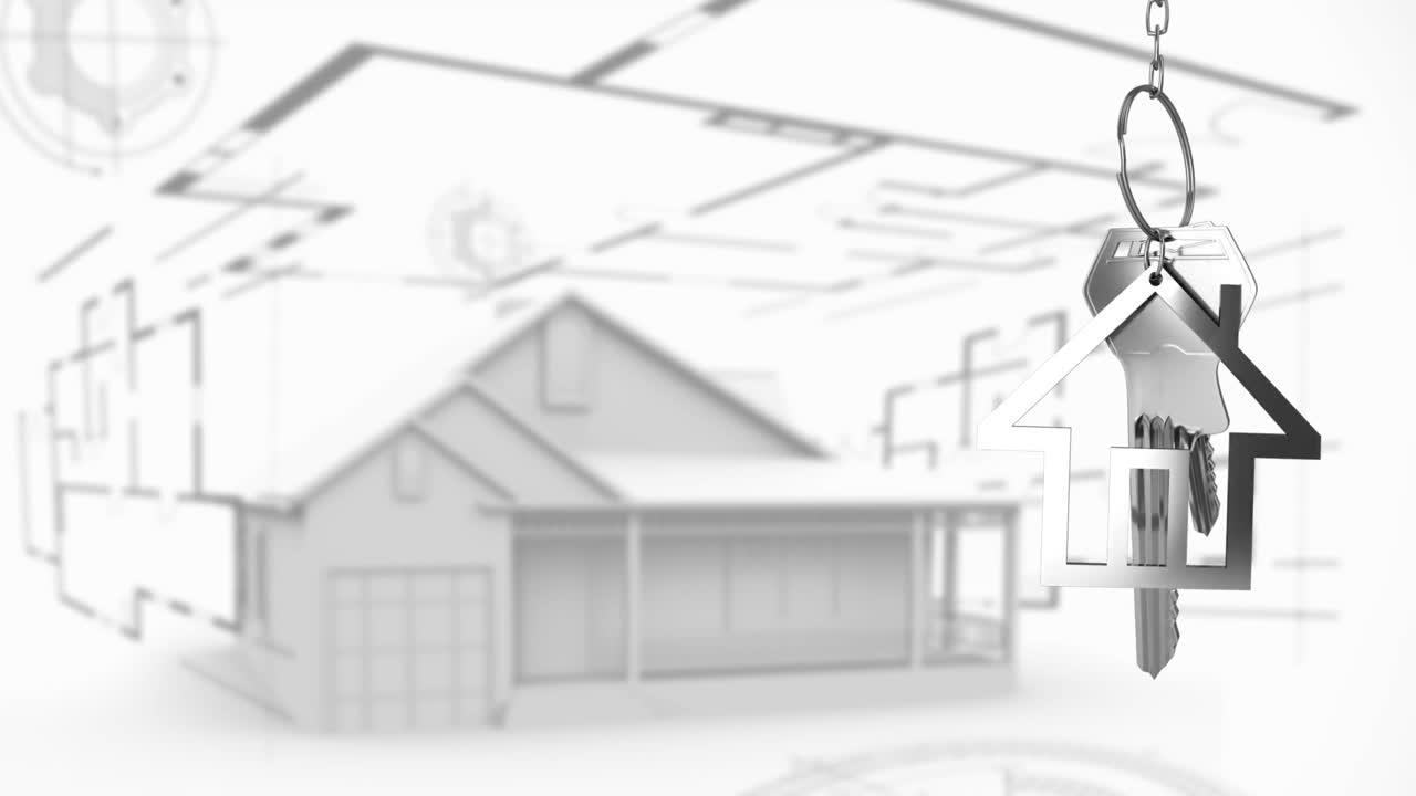 家の鍵とキーフォブが建築図4kの上にぶら下がっている